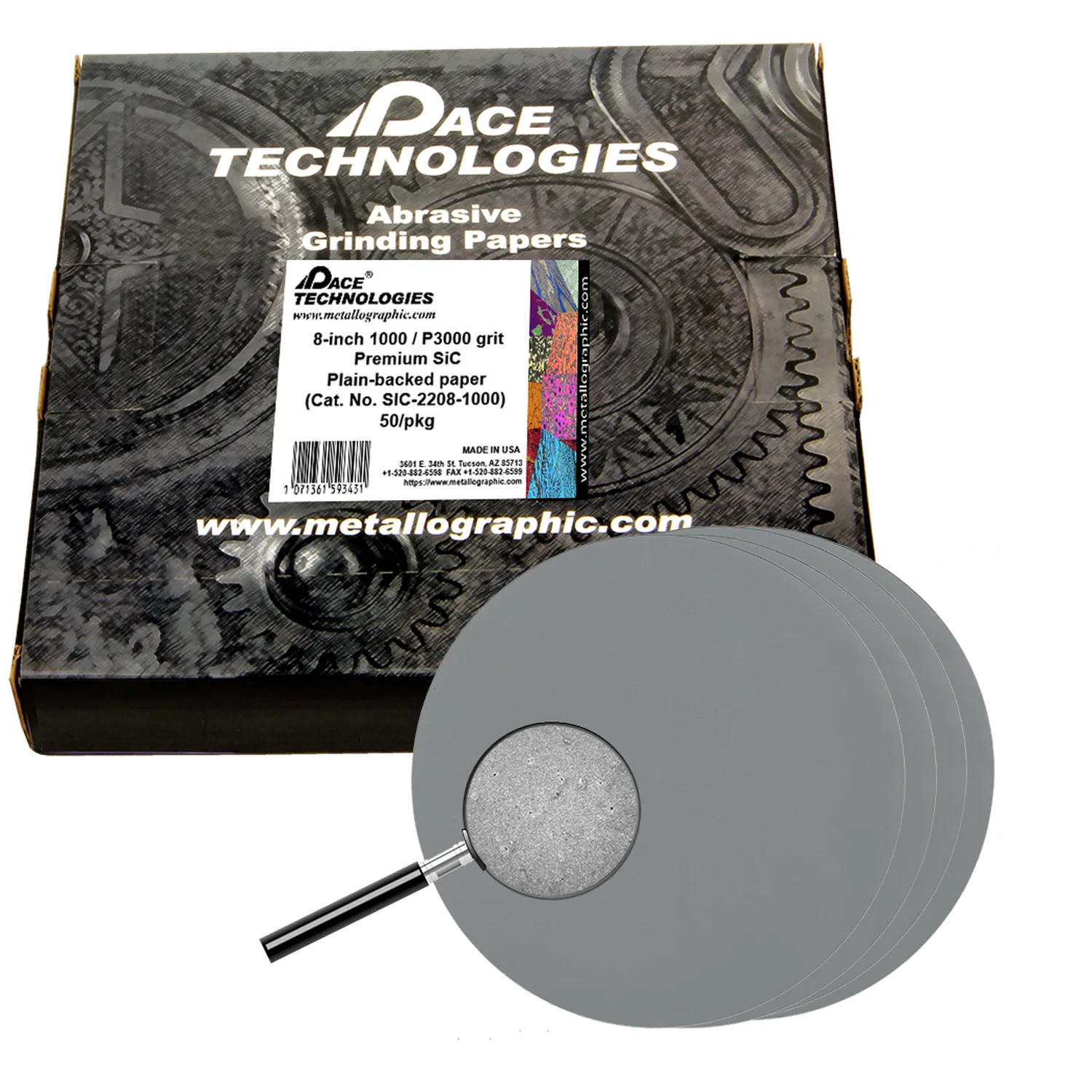 Papeles de lija de carburo de silicio de primera calidad de 8" con respaldo liso, grano 1000, 50/caja, SIC-2208-1000