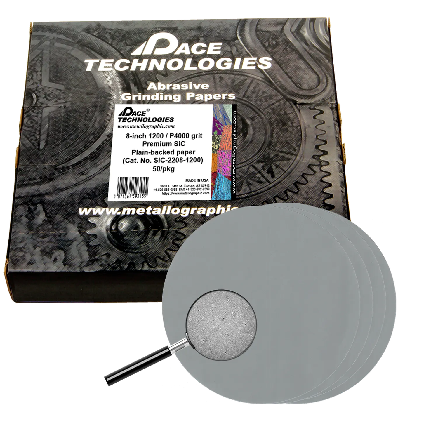 Papeles de lija de carburo de silicio de primera calidad de 8" con respaldo liso, grano 1200, 50/caja, SIC-2208-1200