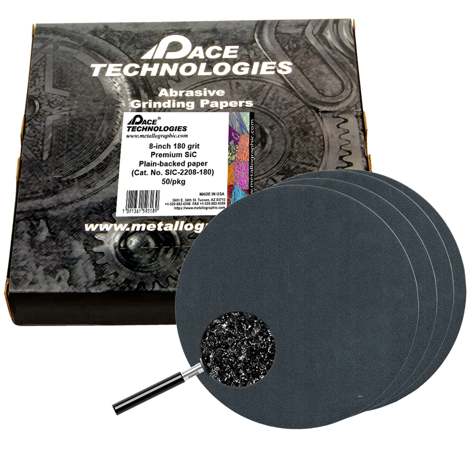 Papeles de lija de SiC de primera calidad de 8" con reverso liso, grano 180, 50/caja, SIC-2208-180