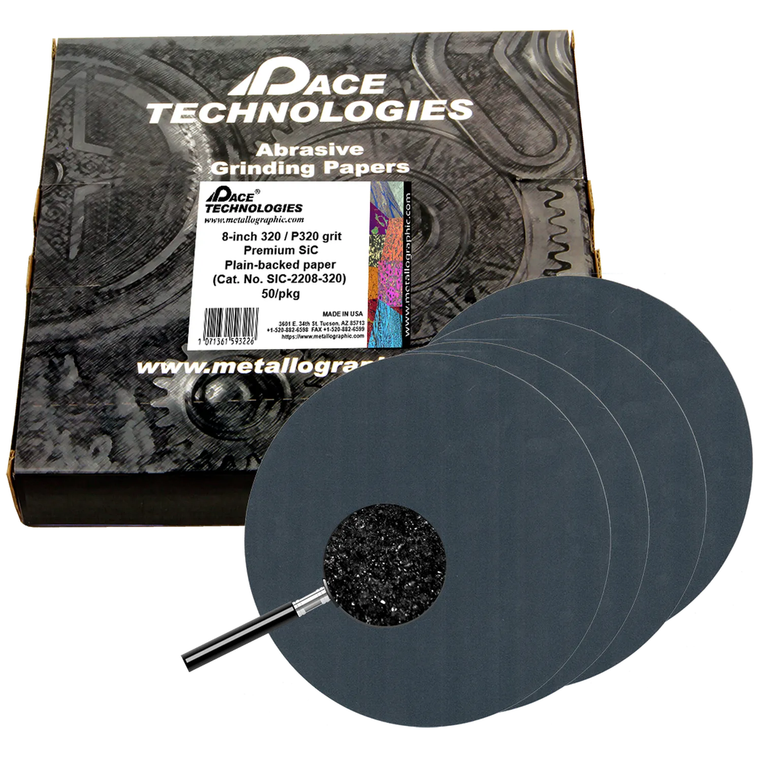 Papeles de lija de carburo de silicio de primera calidad de 8" con respaldo liso, grano 320, 50/caja, SIC-2208-320