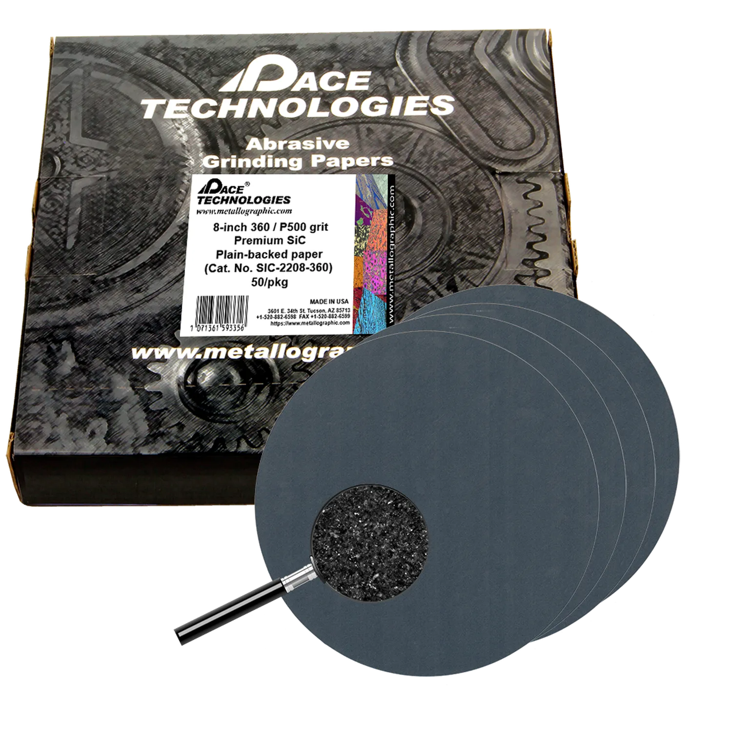 Papeles de lija de carburo de silicio de primera calidad de 8" con respaldo liso, grano 360, 50/caja, SIC-2208-360