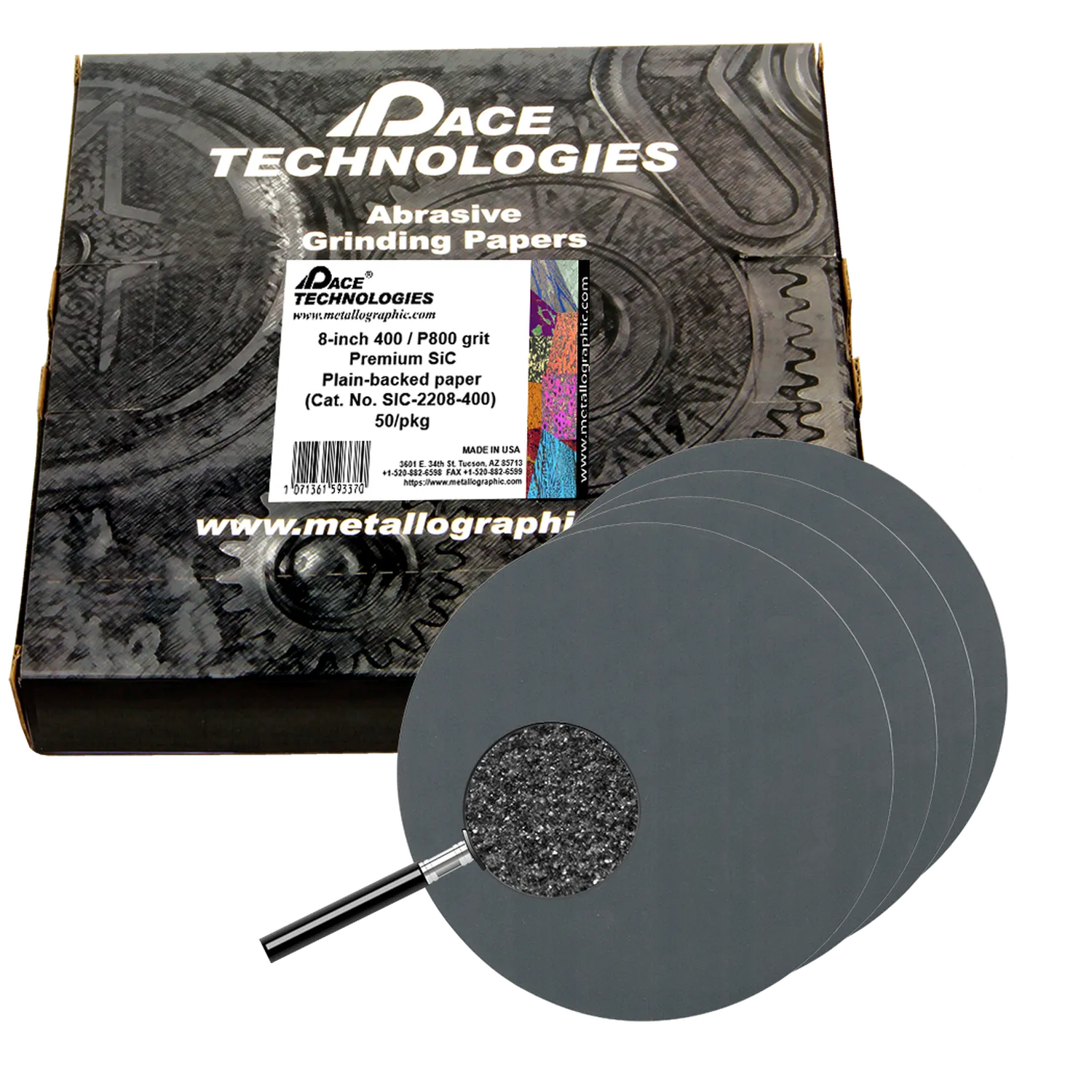Papeles de lija de SiC de primera calidad de 8" con reverso liso, grano 400, 50/caja, SIC-2208-400