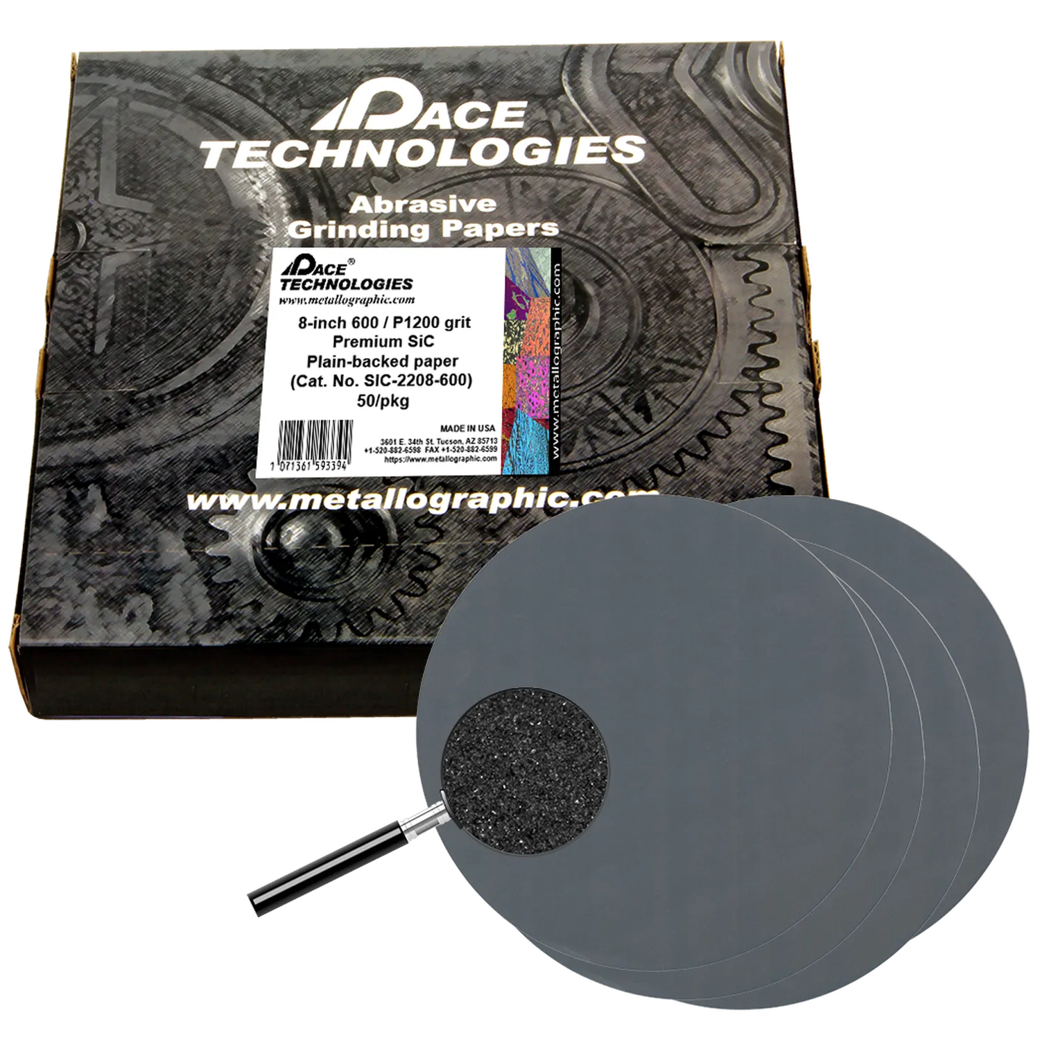 Papeles de lija de carburo de silicio (SiC) de primera calidad, 8", con reverso liso, grano 600, 50/caja, SIC-2208-600