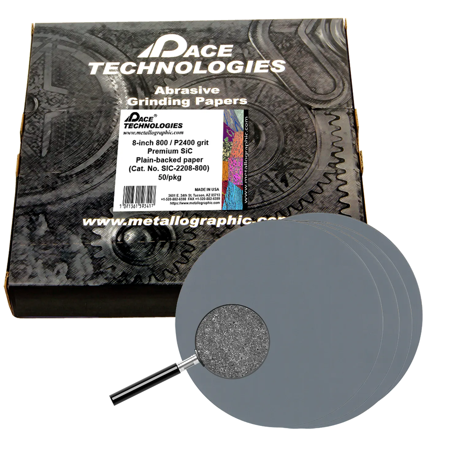 Papeles de lija de SiC de primera calidad de 8" con respaldo liso, grano 800, 50/caja, SIC-2208-800
