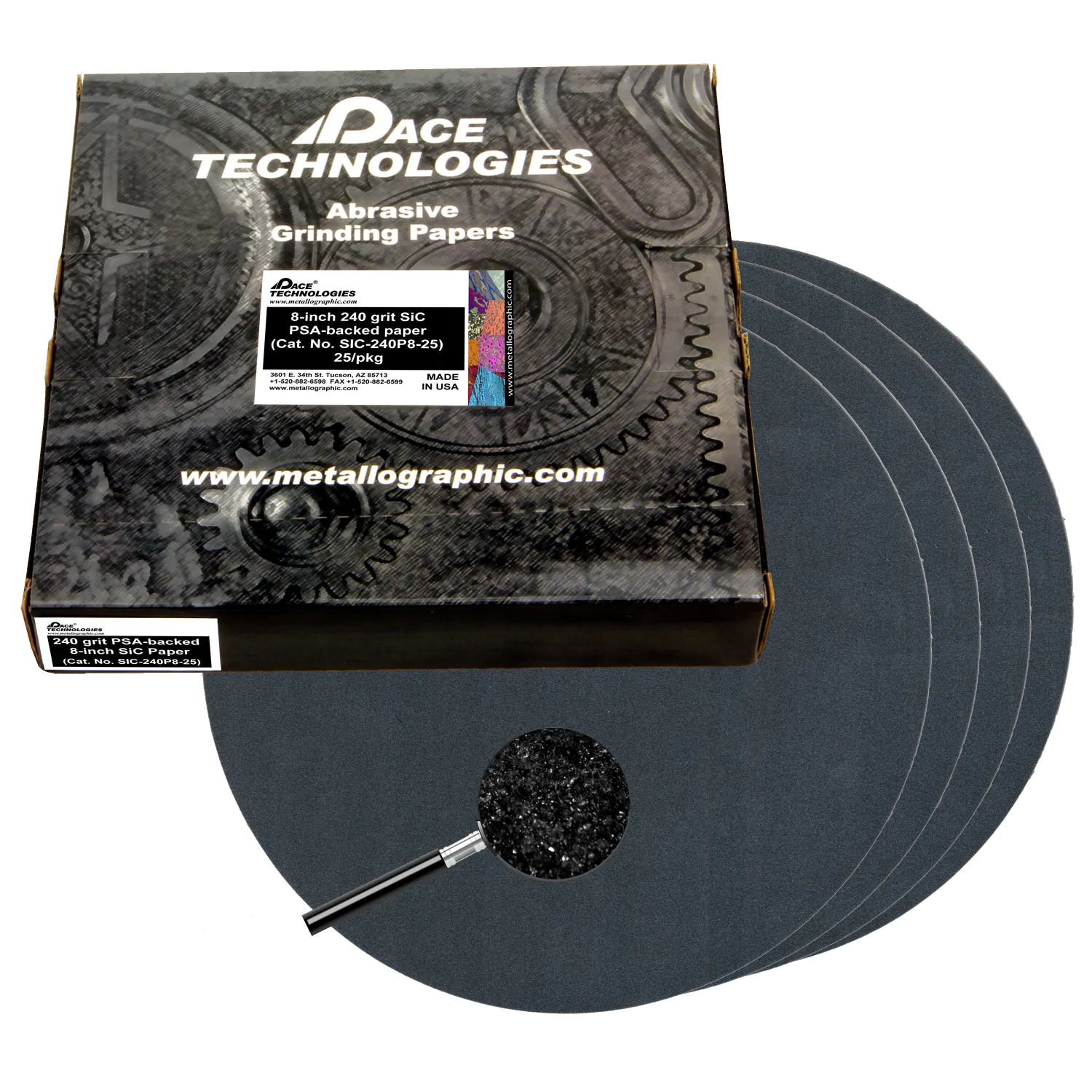 Papeles abrasivos SiC de 8" con respaldo de PSA, grano 240, SIC-240P8