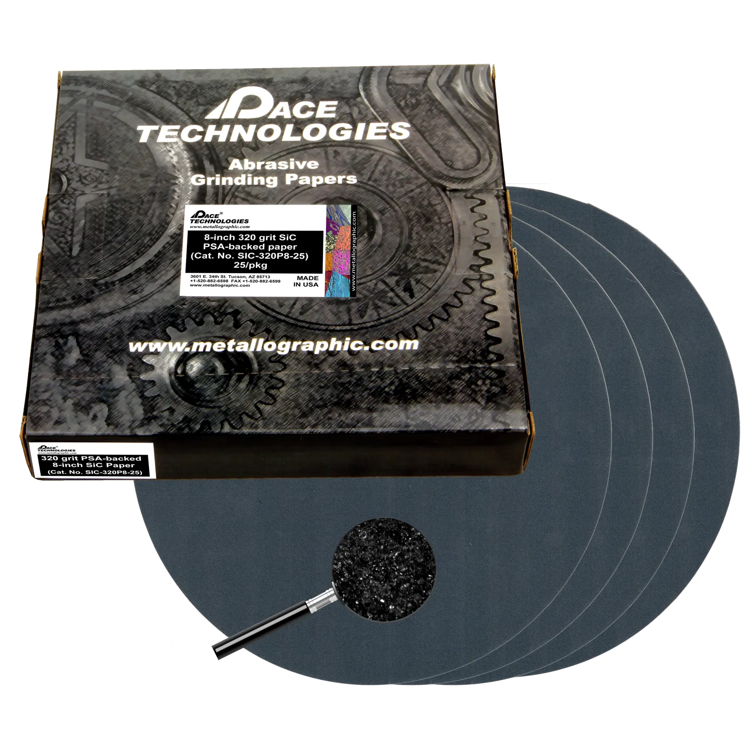 Papeles abrasivos SiC de 8" con respaldo de PSA, grano 320, SIC-320P8