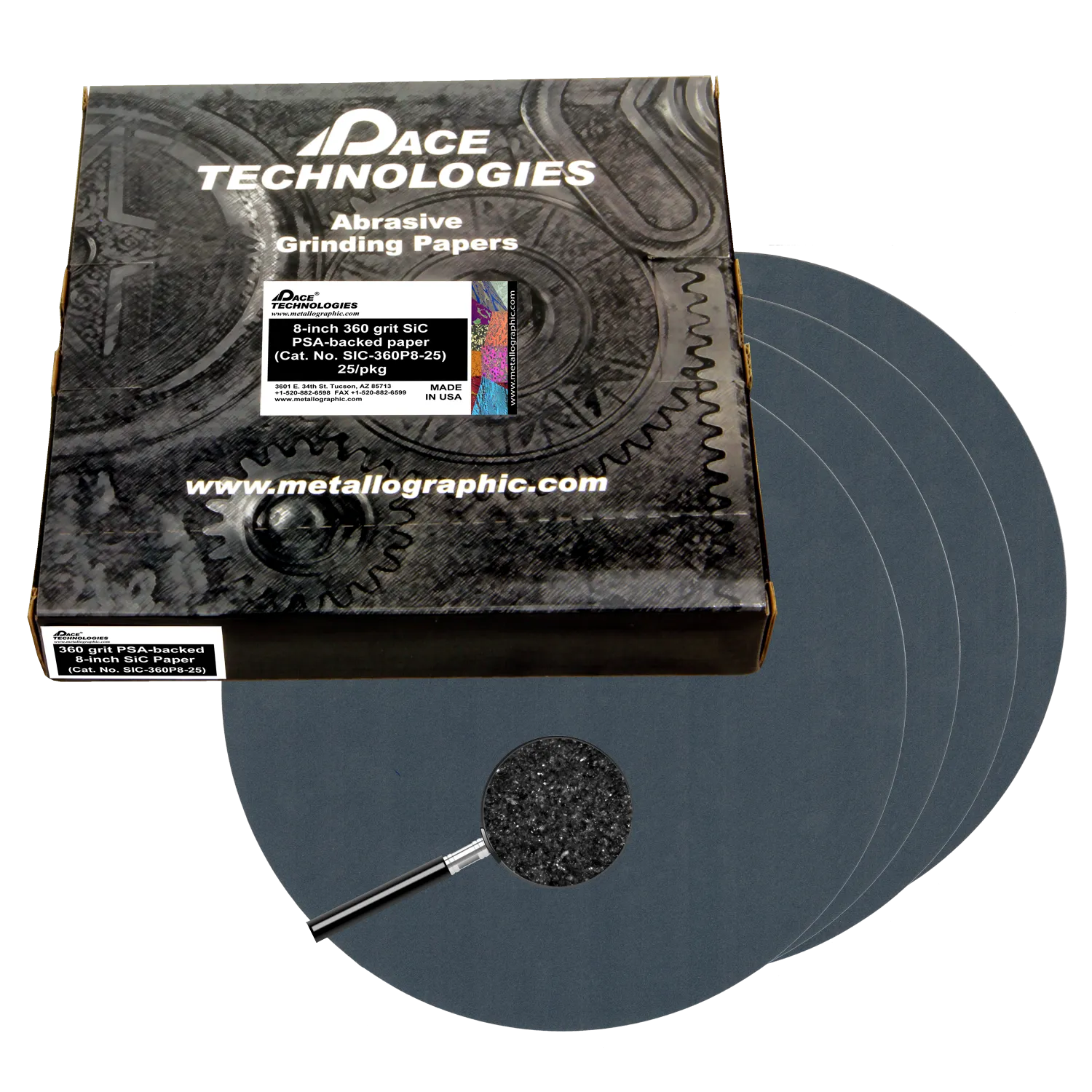 Papeles abrasivos SiC de 8" con respaldo de PSA, grano 360, SIC-360P8