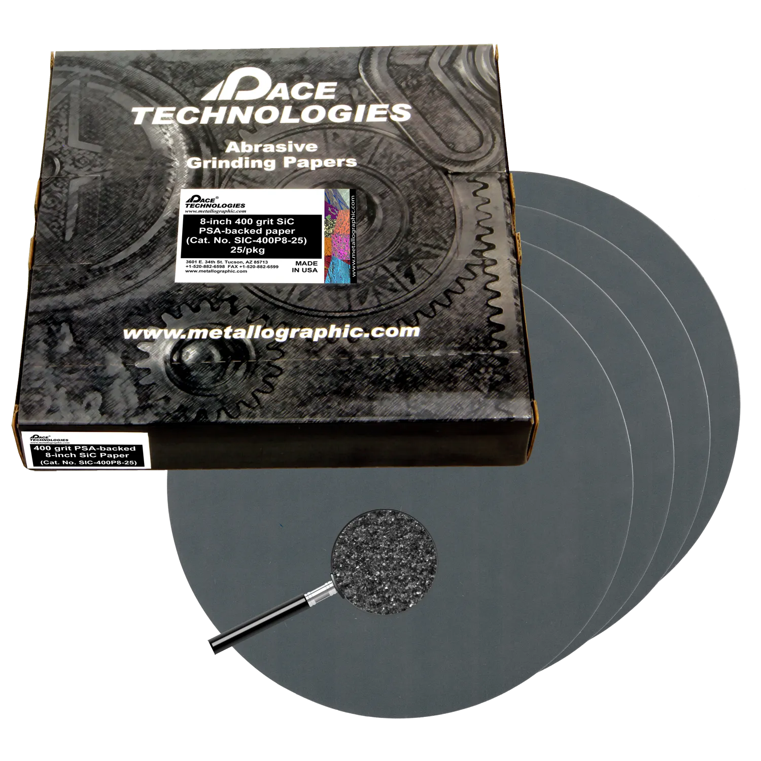Papeles abrasivos SiC de 8" con respaldo de PSA, grano 400, SIC-400P8