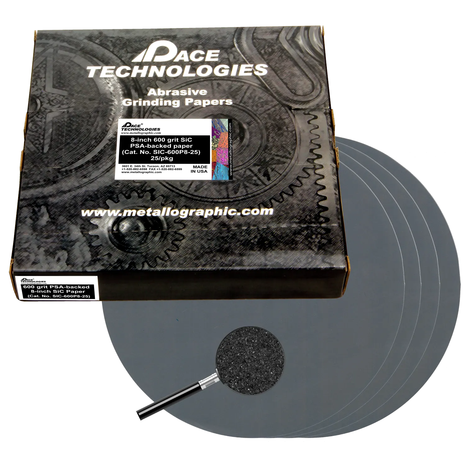 Papeles abrasivos SiC de 8" con respaldo de PSA, grano 600, SIC-600P8