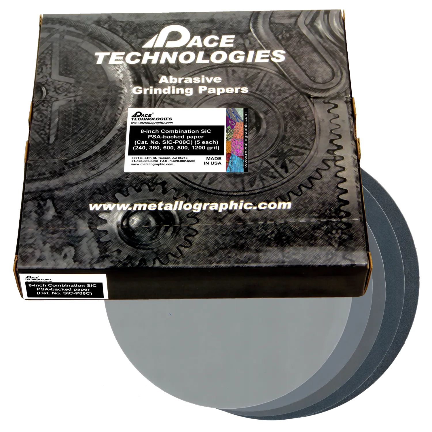 Papel de lija de combinación SiC de 8" con respaldo de PSA, 5 de cada uno (grano 240, 360, 600, 800, 1200), SIC-P08C