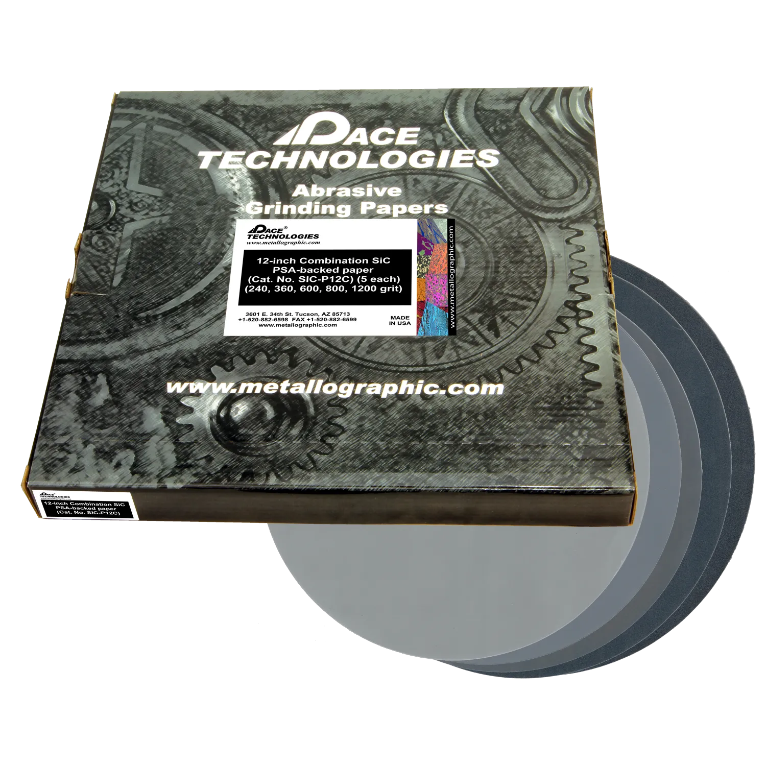 12" Combination SiC Grinding Paper with PSA backed, 5 each (240,360,600,800,1200 grit), SIC-P12C