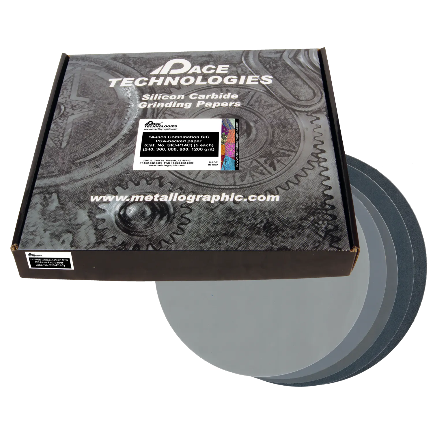 Papel de lija de combinación SiC de 14" con respaldo de PSA, 5 de cada uno (grano 240, 360, 600, 800 y 1200), SIC-P14C