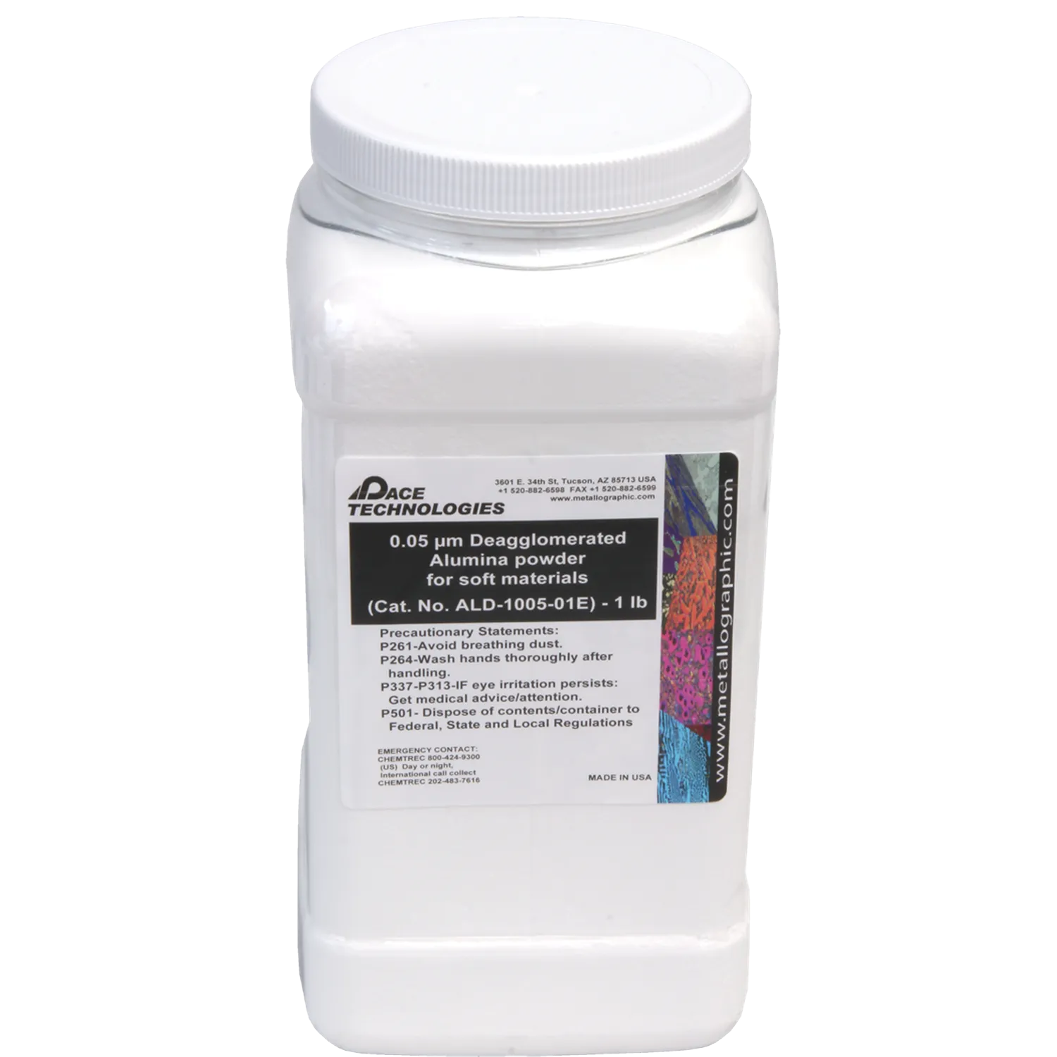 Polvo de alúmina desaglomerada de grado electrónico, 0,05 micrones, ALD-1005-E
