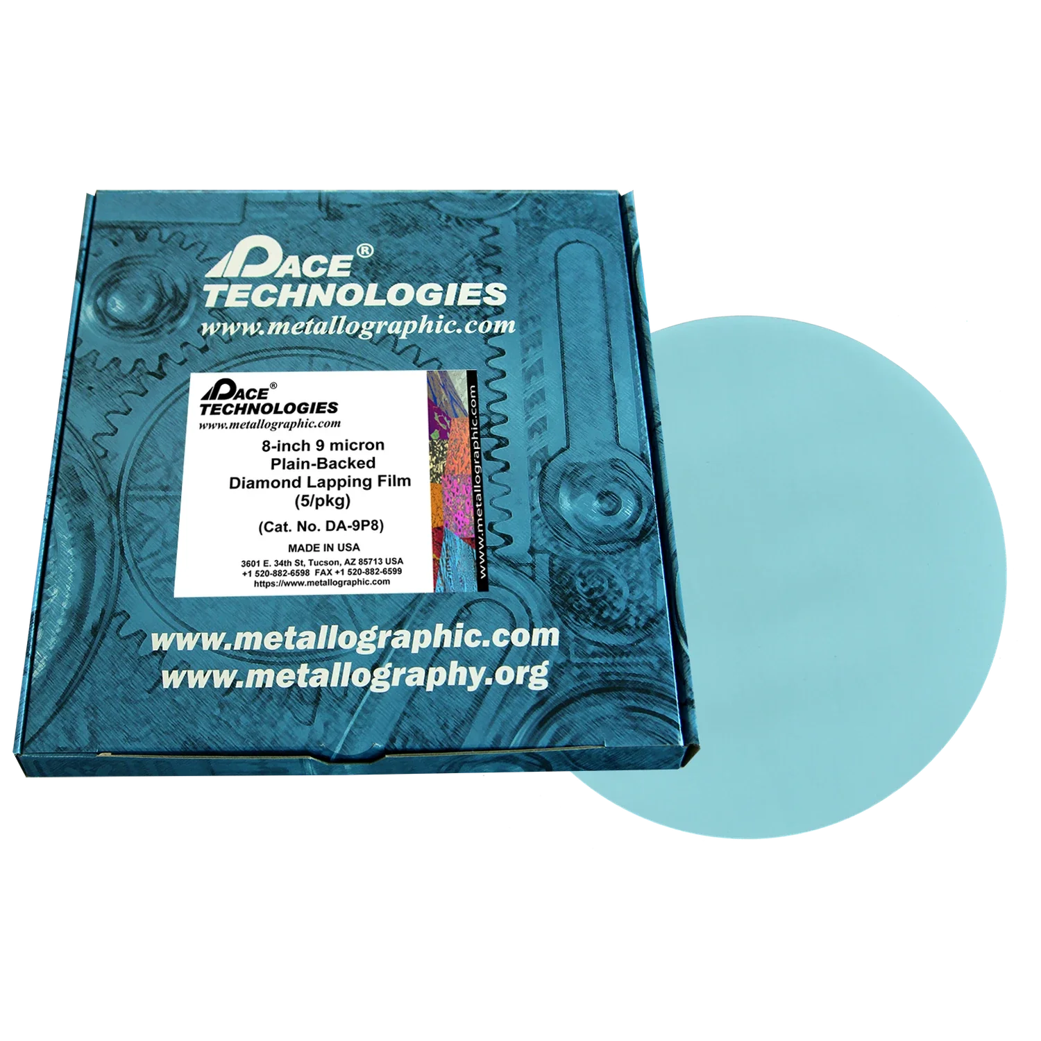 Película de pulido con diamante de 8" con reverso liso, 9 micrones, 5/caja, DA-9P8