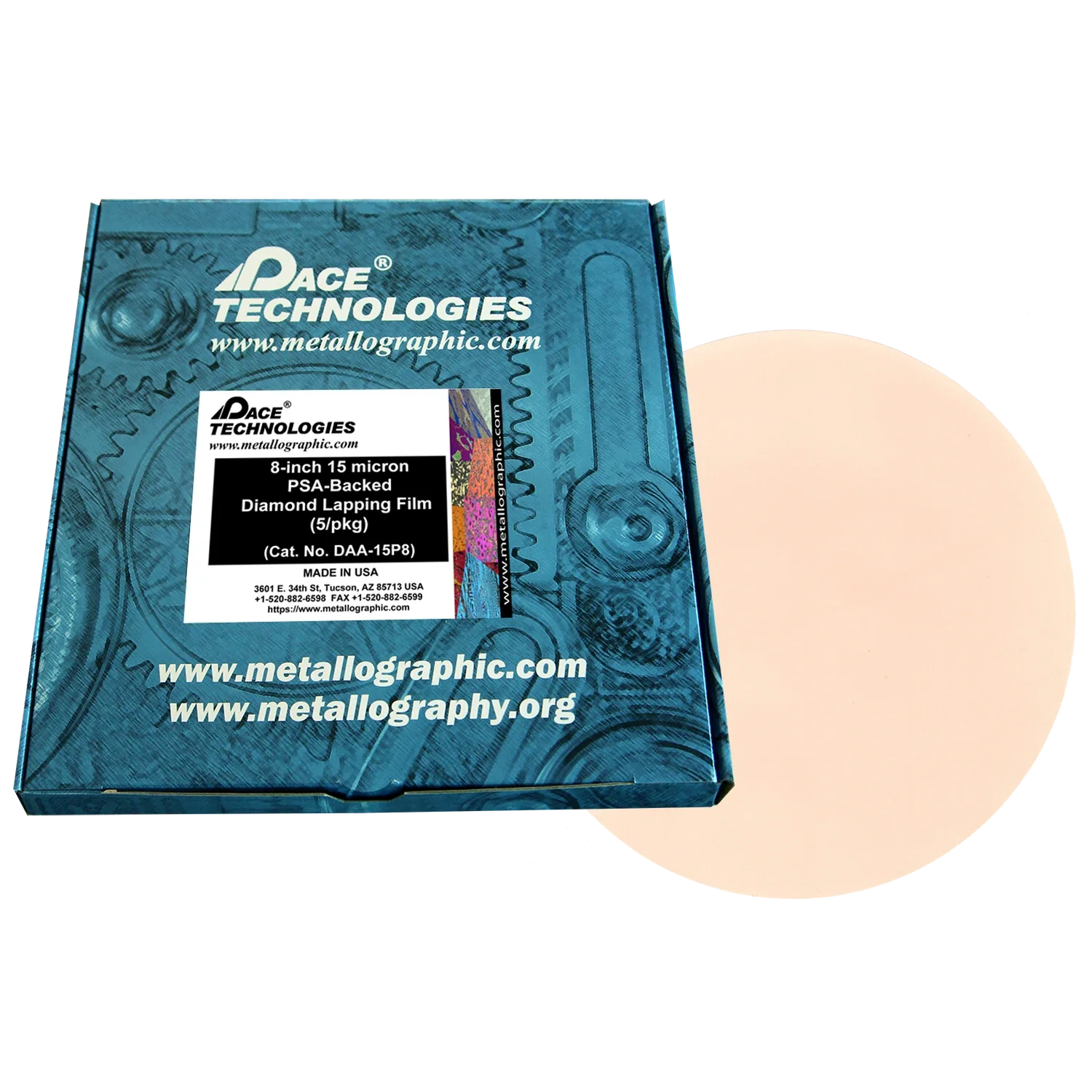 Película de pulido con diamante de 8" con respaldo de PSA, 15 micrones, 5/caja, DAA-15P8